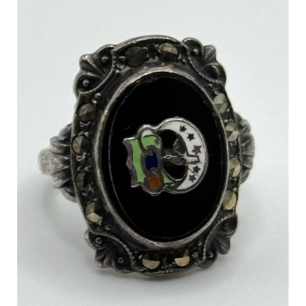 Vintage Uncas Rebekahs Odd Fellows Sterling Silver Marcasite Ring Size 4.5 READ
